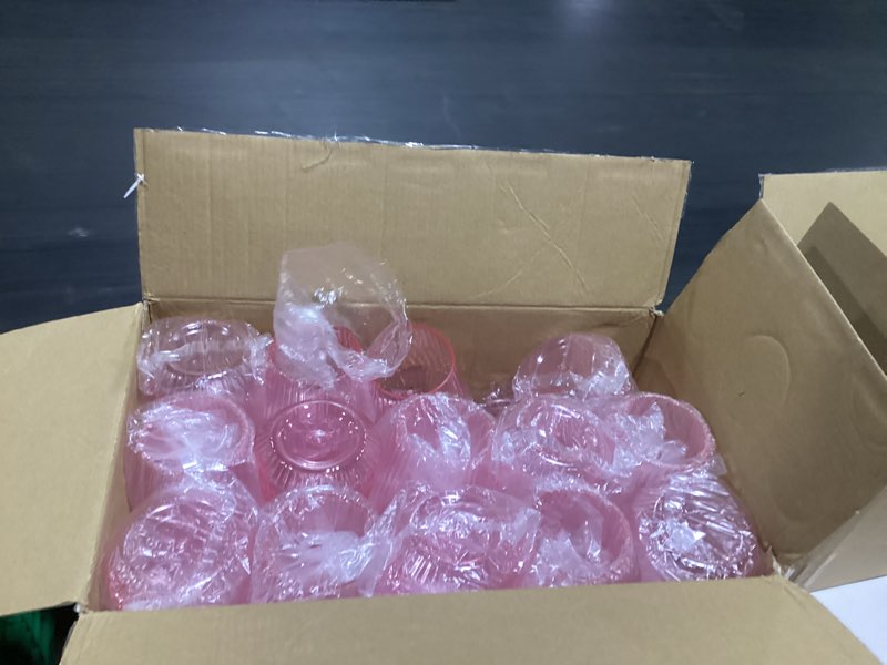 Condition photo showing Good Condition for **missing 1 cup **ciaell 30 pack pink plastic ribbed wine glasses, 14 oz origami stemless disposable wine champagne whiskey glasses unbreakable clear plastic cocktail glasses, wine cups for party wedding & easter