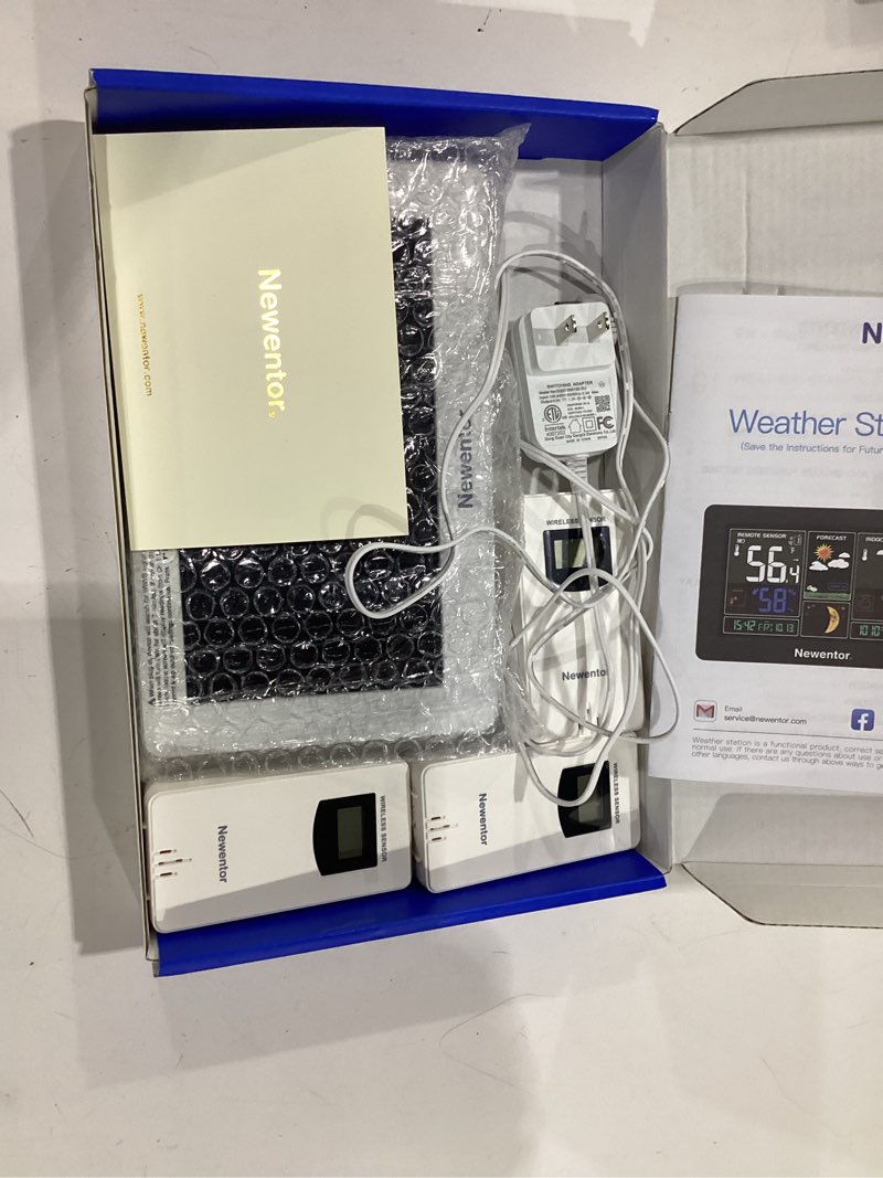 Condition photo showing New/Like New for newentor weather station wireless indoor outdoor thermometer, color display digital weather thermometer with atomic clock, barometric pressure, forecast station with adjustable backlight,white,3sensor white with 3 sensor