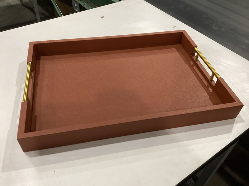 Condition photo showing New/Like New for 14x20 inches brown faux leather wrapped wood serving tray with metal handles for various occasions, ottoman, home decor decorative, living room, coffee table organizer, serving breakfast on bed brown 20" x 14" x 2"