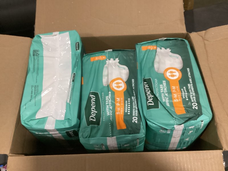 Condition photo showing New/Like New for depend adult diapers with tabs, incontinence protection with tabs, unisex, small/medium (19–34" waist, up to 170 lbs), maximum absorbency, 60 count (3 packs of 20)