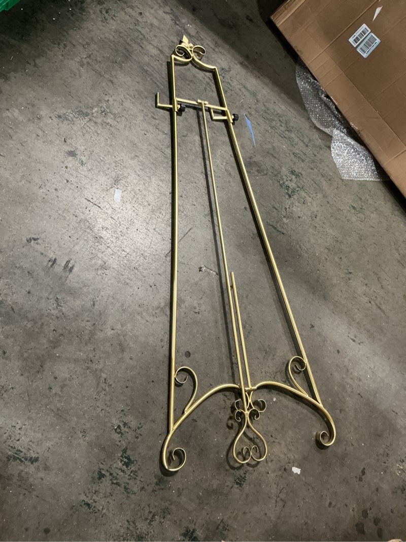 Condition photo showing As Is for Easel Stand, A-Frame Metal Easel Adjustable Folding Art Easel for Drawing, Painting, Display, 146cm Tall, Black/White/Gold(Size:146CM,Color:White) (Gold 146CM) (Similar to the stock photo) 