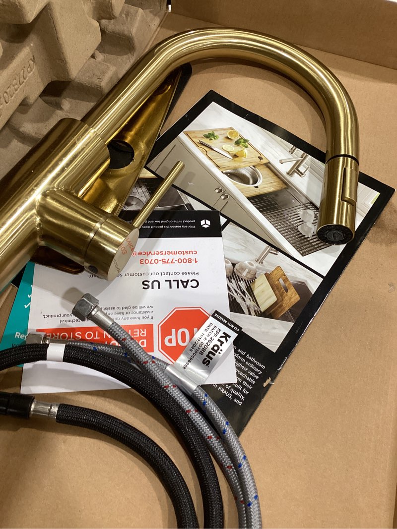 Condition photo showing New/Like New for kraus oletto single handle pull down kitchen faucet with quickdock top mount installation assembly in spot-free brushed brass, kpf-2620bb brushed brass pull down faucet