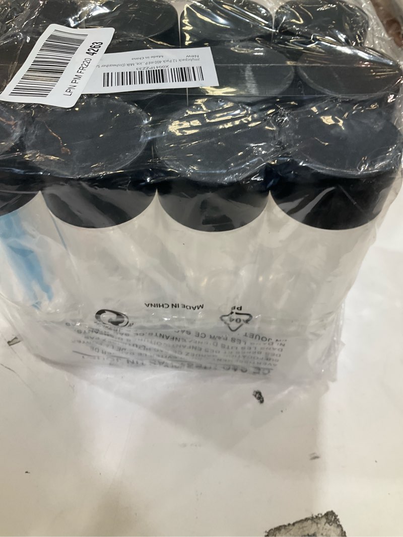 Condition photo showing New/Like New for 12 Pack 400 ml PP Heat-Resistant Plastic Juice Bottles with Black Lids - Plastic Smoothie Sensory Bottles - Reusable Bulk Beverage Containers for Juice, Milk (Dishwasher Safe)