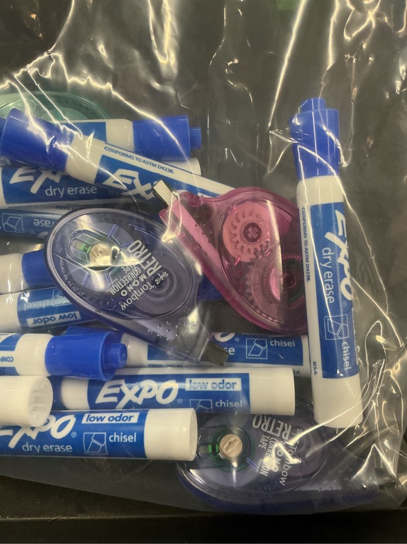 Condition photo showing Good Condition for miscellaneous office items (12 expo dry erase markers blue, 5 tombow mono correction tape)