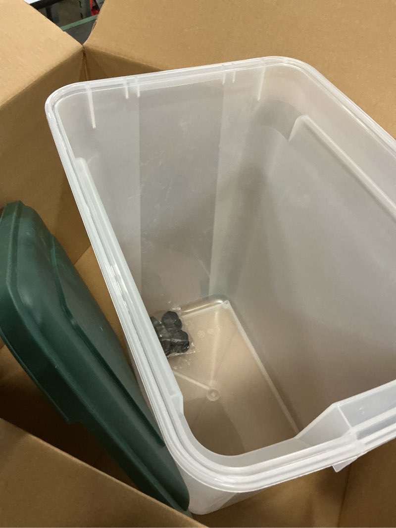 Condition photo showing Good Condition for IRIS USA Remington WeatherPro Airtight Dog Food Storage Container, Up to 42 lbs, Attachable Wheels, For Dog Cat Bird and Other Pet Food Storage Bin, Keep Fresh, Translucent Body, Green