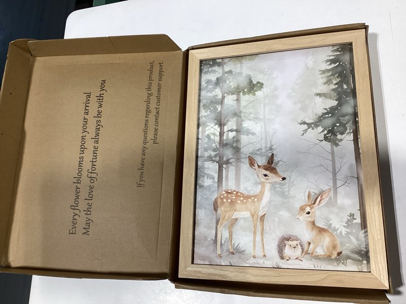 Condition photo showing Good Condition for framed woodland wall art set of 3, wild animals nursery wall decor, cute bear fox deer watercolor canvas, forest animal pictures print for baby room decor home decoration – 12x16 inch natural wood frame – forest wild animals framed 16l" x 12w"