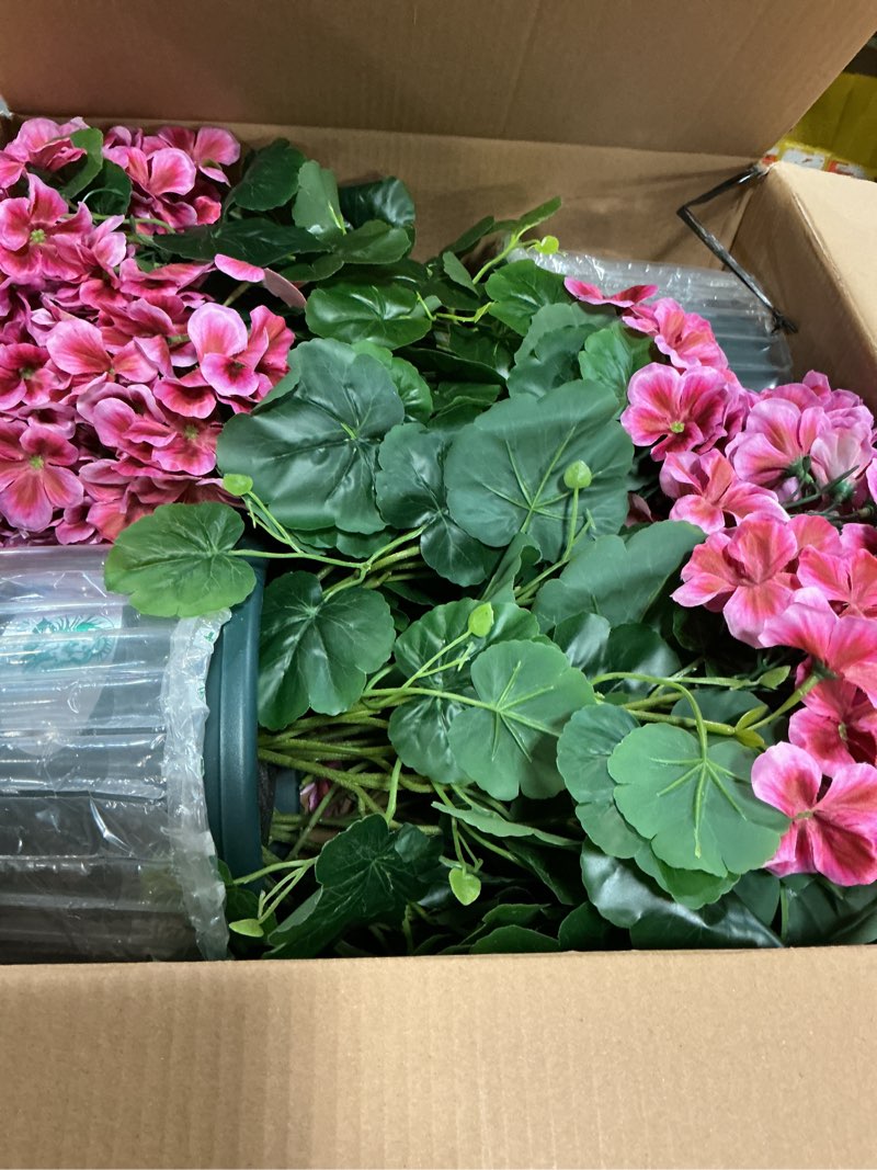 Condition photo showing Good Condition for qianyun artificial geranium bush – 20 inch outdoor potted artificial plant for front porch, uv resistant faux flower bush for garden, yard & patio decor (2 pack) dark pink