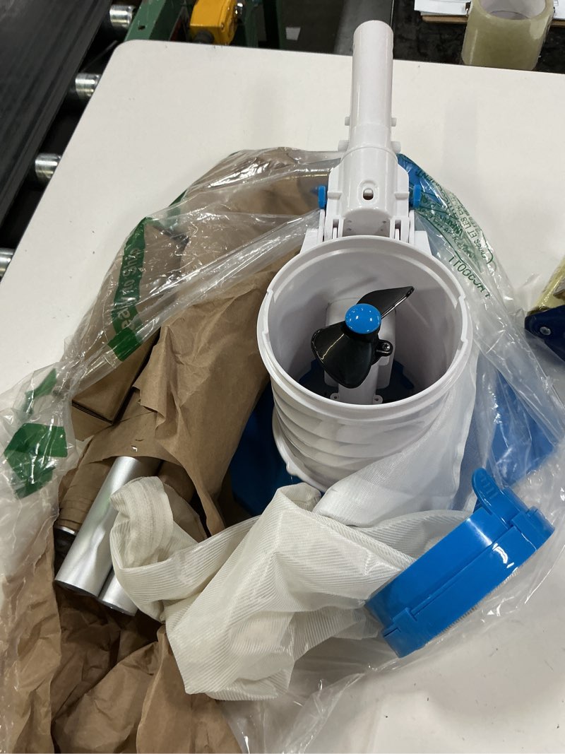 Condition photo showing As Is for pool leaf vacuum with 71.7in telescopic pole, 83gpm powerful suction, rechargeable cordless pool skimmer with 90mins runtime for inground & above ground pools, pool vacuum for debris and leaves white & blue