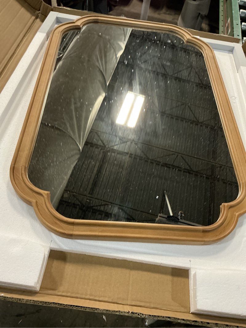 Condition photo showing Good Condition for Wooden Bathroom Mirror for Wall, 24" x 36" Rustic Vanity Mirror for Over Sink, Natural Wood Wall Mirror with Decorative Rounded Corner Frame for Bathroom,Farmhouse, Entryway, Bedroom, Living Room Natural 36"L x 24"W