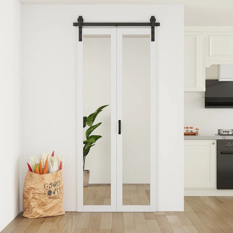 84" Height Full Lite Mirrored Glass Bi-Fold Barn Door with Installation Hardware Kit