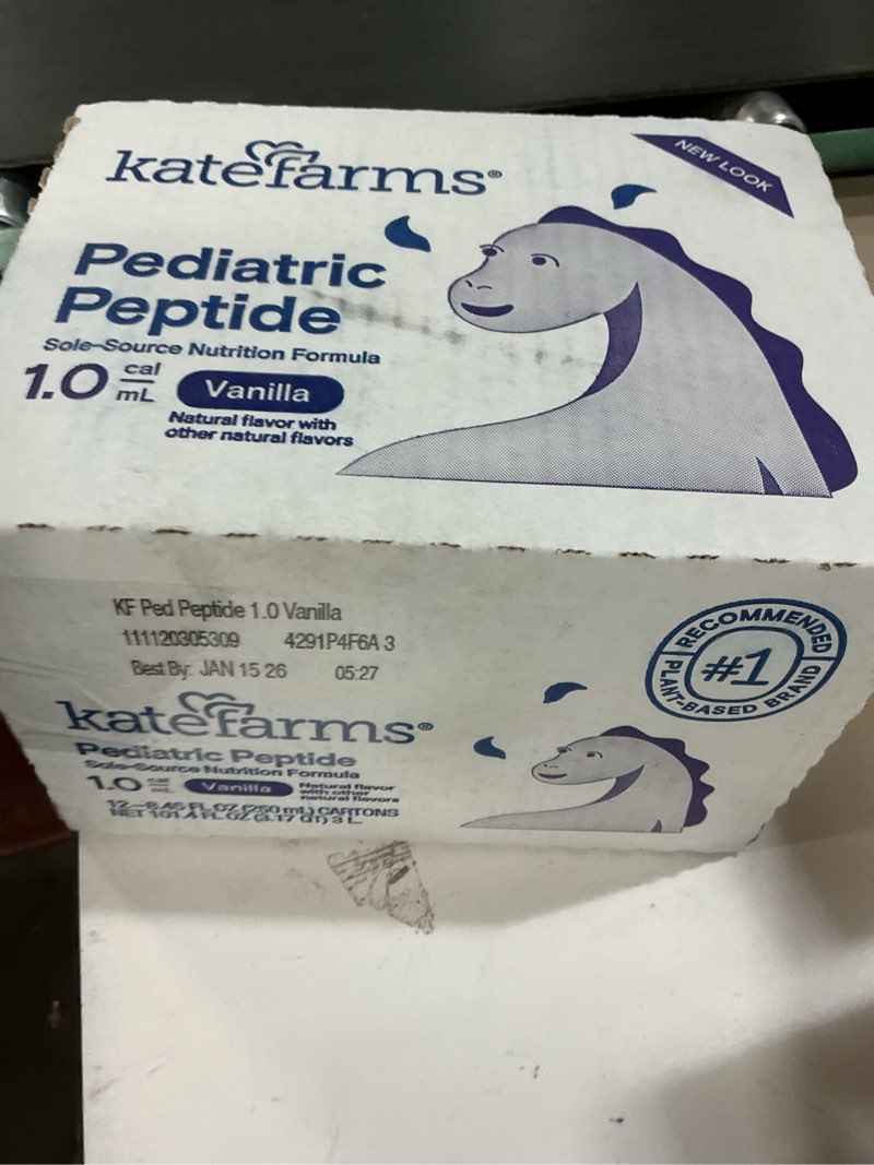 Condition photo showing New/Like New for (BBD 15/01/26). KATE FARMS Organic Pediatric Peptide 1.0 Formula, Vanilla, Sole-Source Hydrolyzed Plant-Based Nutrition for Oral or Tube Feeding, 8.45 oz (12 pack) Vanilla 1.0