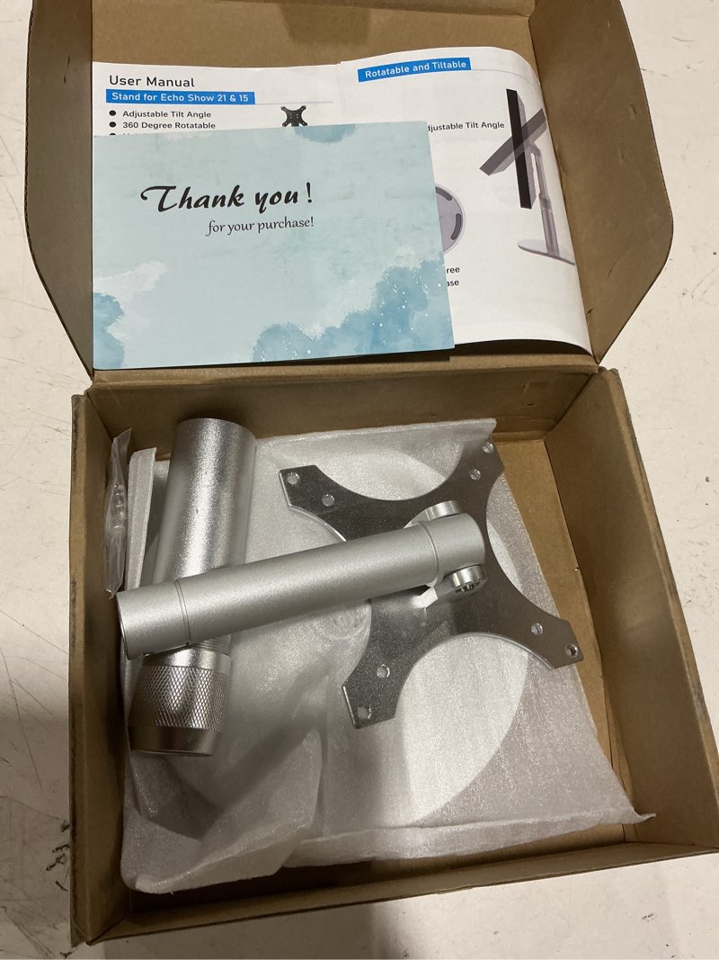 Condition photo showing New/Like New for almoz desk stand for echo show 21, echo show 15 (all generations), raises up to 9.5" from desk, tilt and swivel mount for alexa echo show 21, no tools required, stable centered rod design (up-silver)