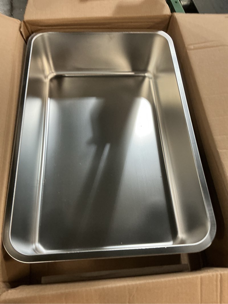 Condition photo showing As Is for x-large stainless steel litter box with high sided, metal cat litter box, odor-free non-stick litterbox pan, easy to clean pet supplies toilet tray for indoor cats, kittens or multicat homes 23.62"l x 15.75"w x 5.91"h