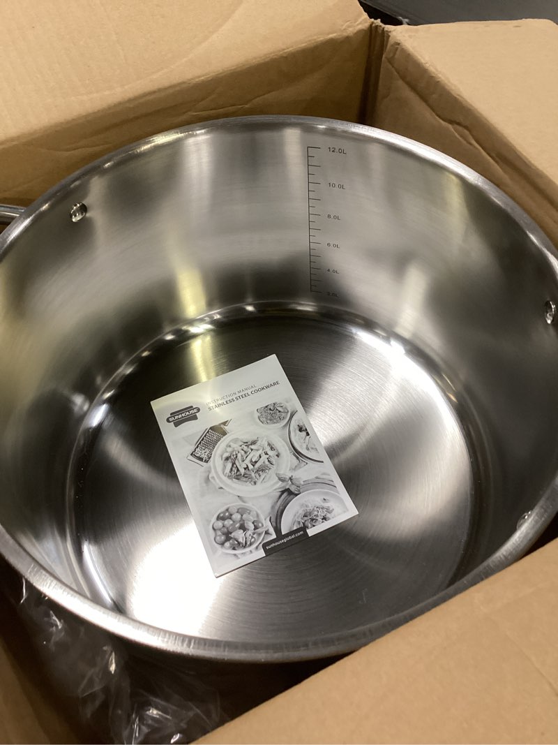 Condition photo showing Good Condition for SUNHOUSE Stainless Steel Stock Pot - 13 Quart Heavy-Duty Induction Cooking Pot with Visible Lid for Pasta, Soup, Spaghetti - Nonstick Thick-Bottom Deep Stockpot for Canning, Boiling, and Simmering STOCK POT 13 Quart