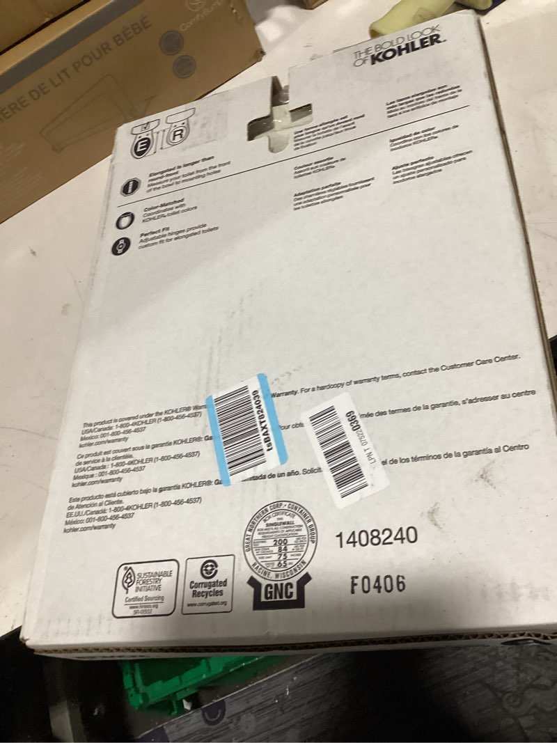 Condition photo showing As Is for kohler 20110-96 brevia, slow close toilet seat, elongated toilet seat, grip-tight bumpers quick-attach hardware, biscuit biscuit elongated quiet-close