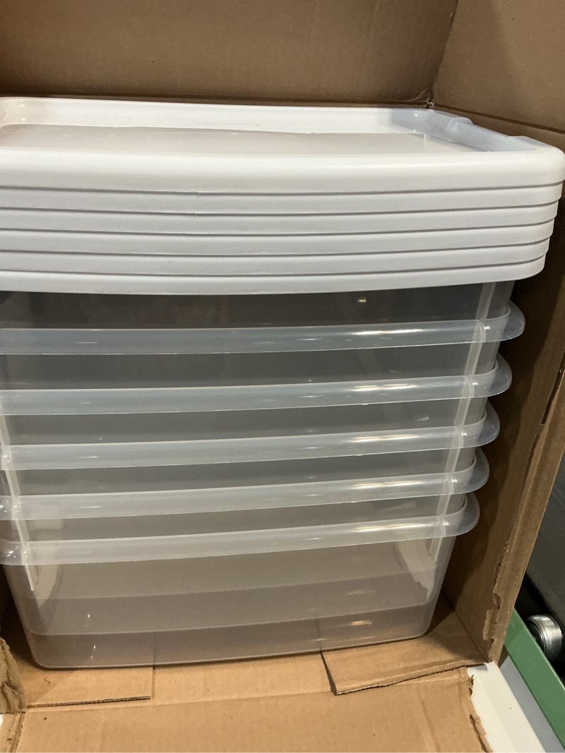 Condition photo showing Good Condition for Sterilite 6-Pack Ultra Latching Box, Storage Bins with Lids, Clear Plastic, 18 Quart - Heavy-Duty Organizing Containers for Closet, Bathroom, and Office 18 Quart 6-Pack Box