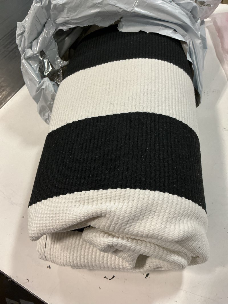 Condition photo showing Good Condition for iohouze outdoor area rugs black and white striped outdoor rug 5x7 ft washable area rug indoor outdoor cotton striped rugs large floor carpet for garden patio