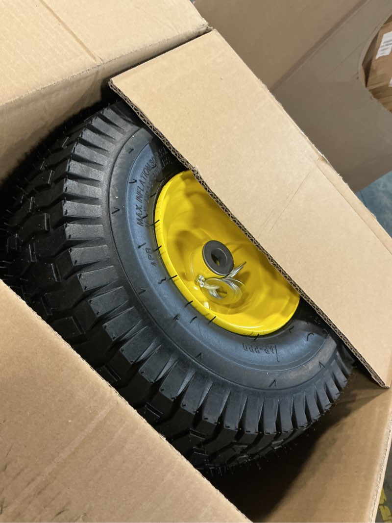 Condition photo showing Good Condition for ar-pro (2 pack) 15 x 6.00-6" tubeless tire and wheel assembly, replacement riding lawn mower front tires, compatible with john deere riding mowers and lawn tractor, 3" centered hub and 3/4" bushings 15 x 6.00-6" tubeless (centered hub) yellow