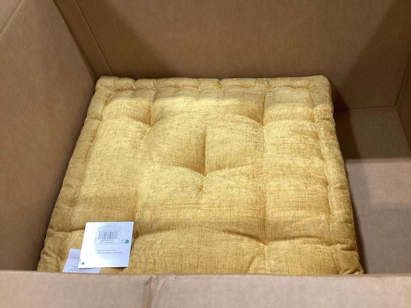 Condition photo showing As Is for intelligent design azza floor pillow, large cushions sitting for adults, floor pillow for meditation or yoga, lustrous chenille tufted with scalloped edges for bench/chair cushion, 20"x20"x5" yellow 20"w x 20"l x 5"h square yellow