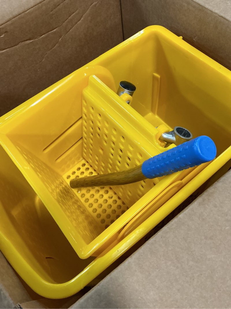Condition photo showing As Is for mind reader mop bucket with wringer (mop not included), 5.5 gallon cleaning bucket with wheels and handle, upward press wringer, small mop compatible, yellow mop bucket only yellow