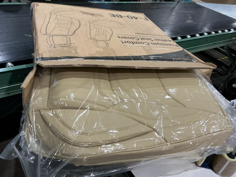 Condition photo showing As Is for car pass memory foam car seat covers,air cool mesh thick seat covers front seats,beige leather seat cover for car,universal automotive comfort for most cars,suv,trucks,airbag compatible,all beige solid beige two front