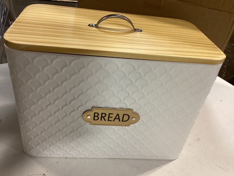 Condition photo showing Good Condition for Extra Large Space Saving Farmhouse Bread Box With Wood Lid - Holds 2 Loaves - Vertical Breadbox Bread Storage Bin Holder for Kitchen Countertop, White Fish Scale Embossing