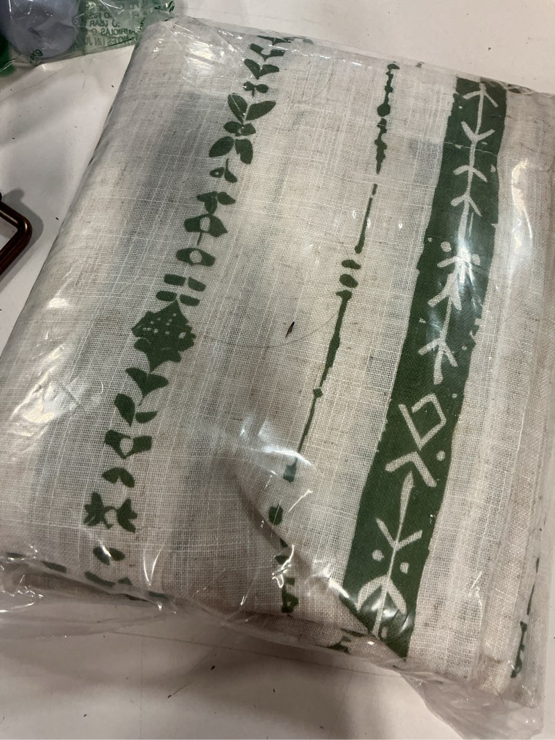 Condition photo showing As Is for green boho curtains for living room 63 inch length 2 panels set,vintage farmhouse semi privacy linen curtains,rustic country drapes with bohemian line printed for dining room, w52 x l63 52"w x 63"l (pack of 2) green