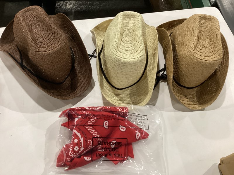 Condition photo showing Good Condition for Unittype Cowboy Hats Set of 3 with Red Bandanas - Classic Western Cowboy Party Hat Accessories Beige, Khaki, Brown