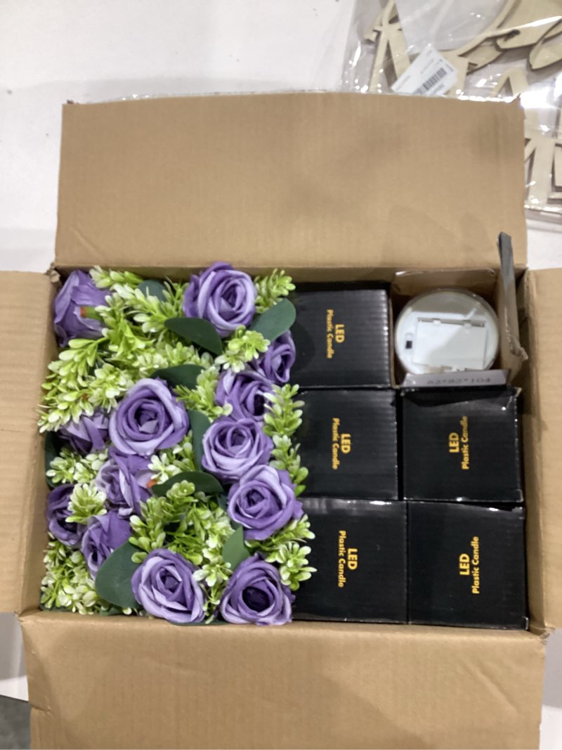 Condition photo showing Good Condition for purple rose candle rings with flameless candles sets - 12pcs artificial flower eucalyptus wedding centerpiece 3 inch pillar candleholders wreaths for wedding party decor (purple - 6 sets)