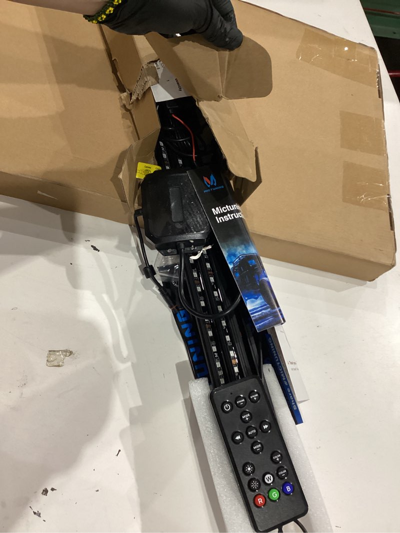 Condition photo showing As Is for mictuning 8pcs n8+ chasing color rgb+ic underglow neon accent strip lights, 12v multi dreamcolor music soundsync exterior underbody lights for car, wireless app & remote control, 2 years warranty