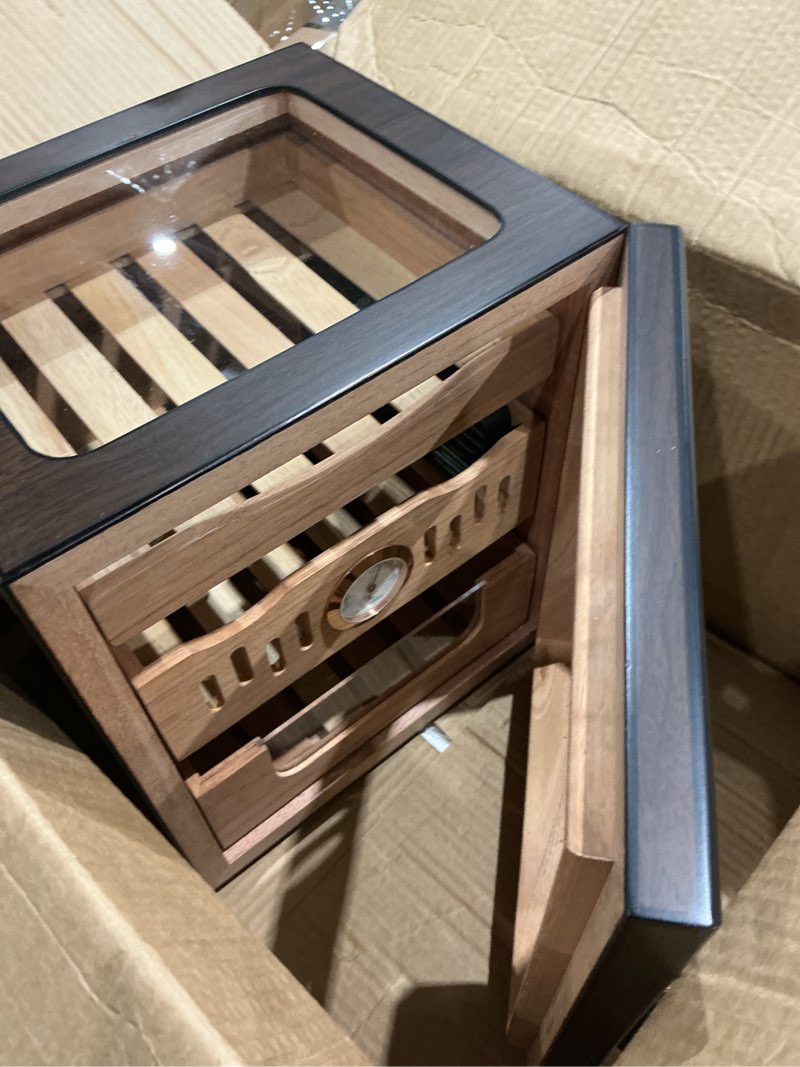 Condition photo showing As Is for cigar humidor, led-lit cigar cabinet, includes acrylic cigar case and cigar cutter, features remote control, hygrometer, and dual humidifiers, holds 80-120 cigars, men's cigar humidor box gift