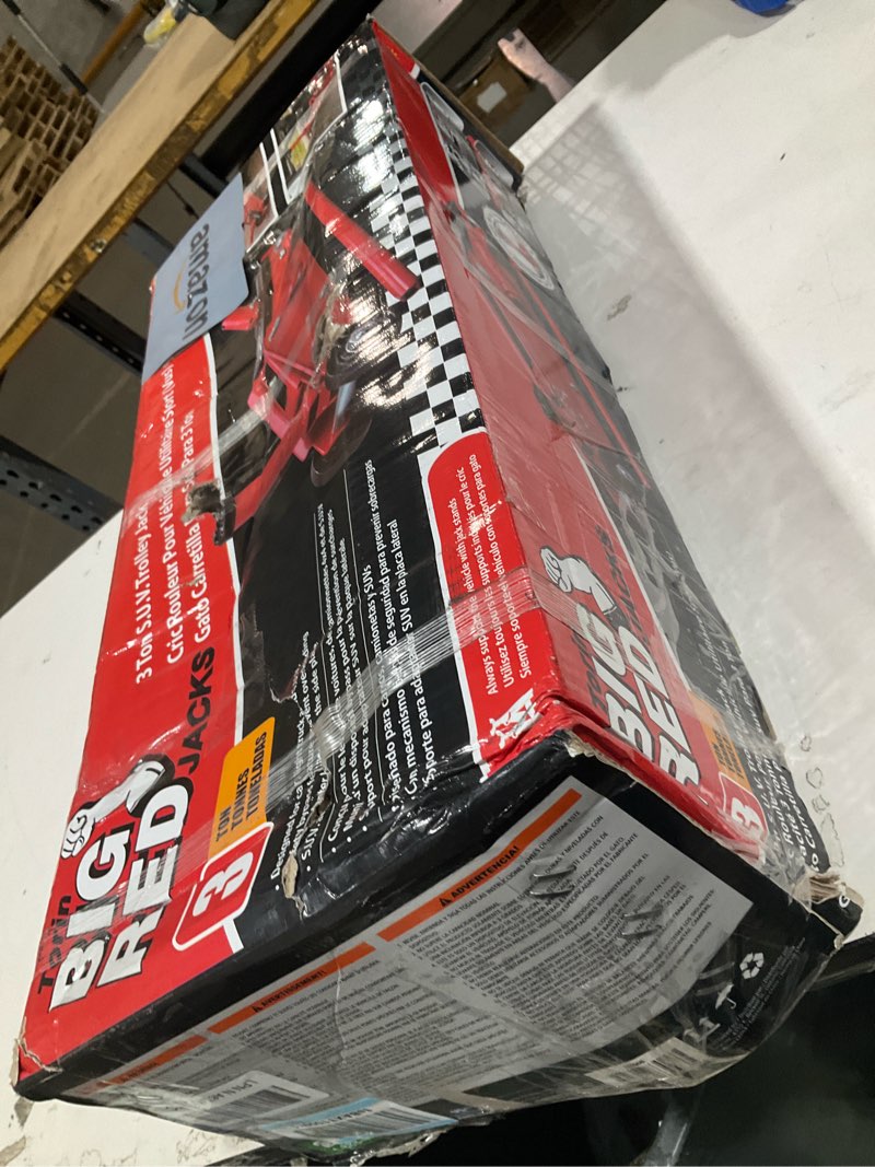 Condition photo showing As Is for big red t83006 torin hydraulic trolley service/floor jack with extra saddle (fits: suvs and extended height trucks): 3 ton (6,000 lb) capacity, red red 3 ton 3 ton