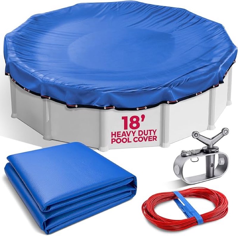  click to see full view                  3+    4 videos 18 ft round premium heavy-duty winter pool cover - royal blue, extra thick and durable, tear-proof, uv-resistant, reinforced edges, easy install, all-season protection for above ground pools