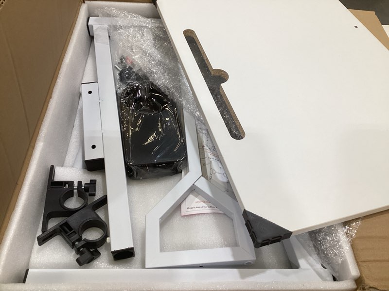Condition photo showing As Is for small standing desk with wheels, portable treadmill desk, rolling desk adjustable height for laptop, mobile standing table for walking pad, bedside table white