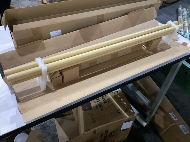 Condition photo showing New/Like New for 1-1/8 inch diameter light wood curtain rods with cap finial, 72-144'' telescoping faux wood design double curtain rods for window width 68-140 inch, 1 pack light wood 72-144''