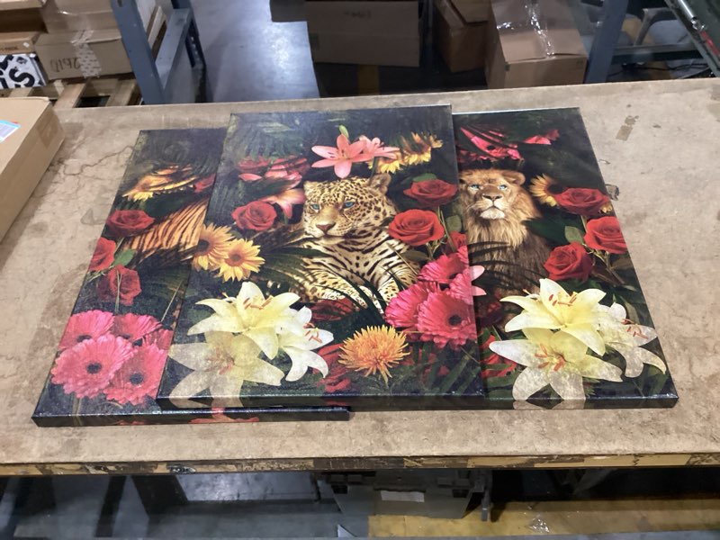 Condition photo showing New/Like New for conipit jungle wall art lion tiger leopard painting safari animal with flowers picture prints vintage african animal head artwork for home office decor (16''x24''x3pcs) large