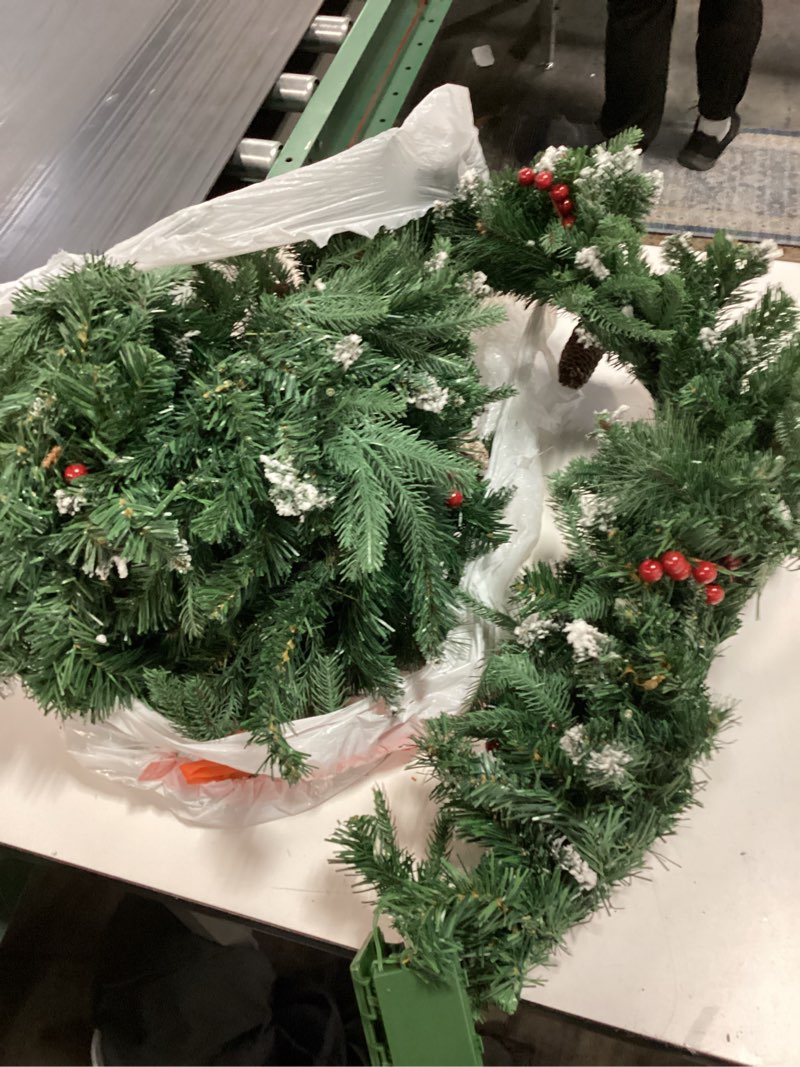 Condition photo showing As Is for 9 FT Christmas Garland with Lights, Battery Operated Prelit Green Garland Tree with Pine Cones Red Berries & 50 Lights, Realistic Artificial Decoration for Mantle Stairs Railing Fireplace Outdoor
