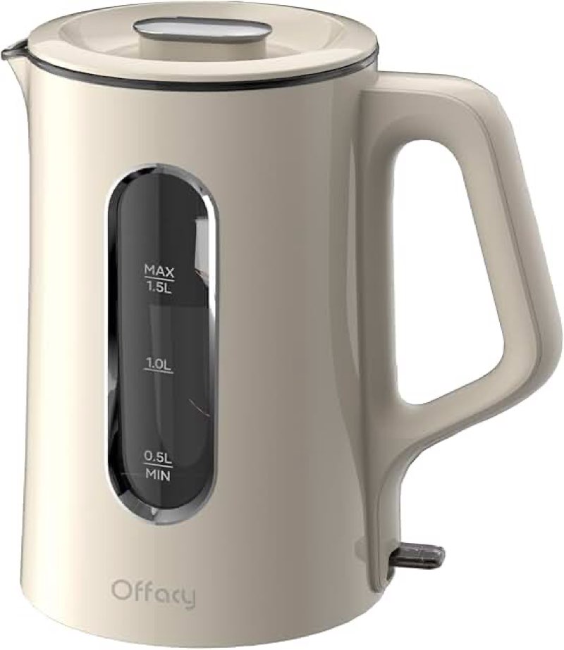 offacy electric kettle, double wall glass inner, hot water boiler heater pot, 1.5-liter, 1200 watts for fast boiling, 53oz bpa free, white