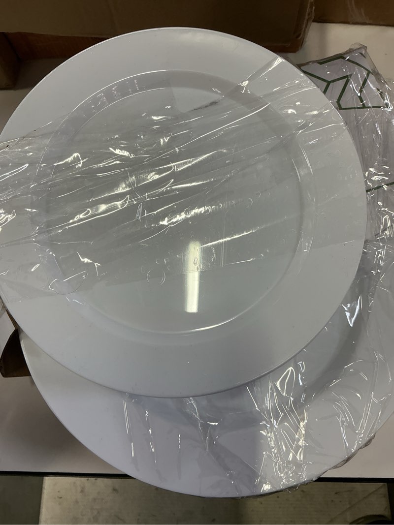 Condition photo showing As Is for setup 100-piece white plastic dinnerware set – 50 10.25" dinner & 50 7.5" salad plates – heavy-duty disposable for weddings, catering, parties 100 count white round plates