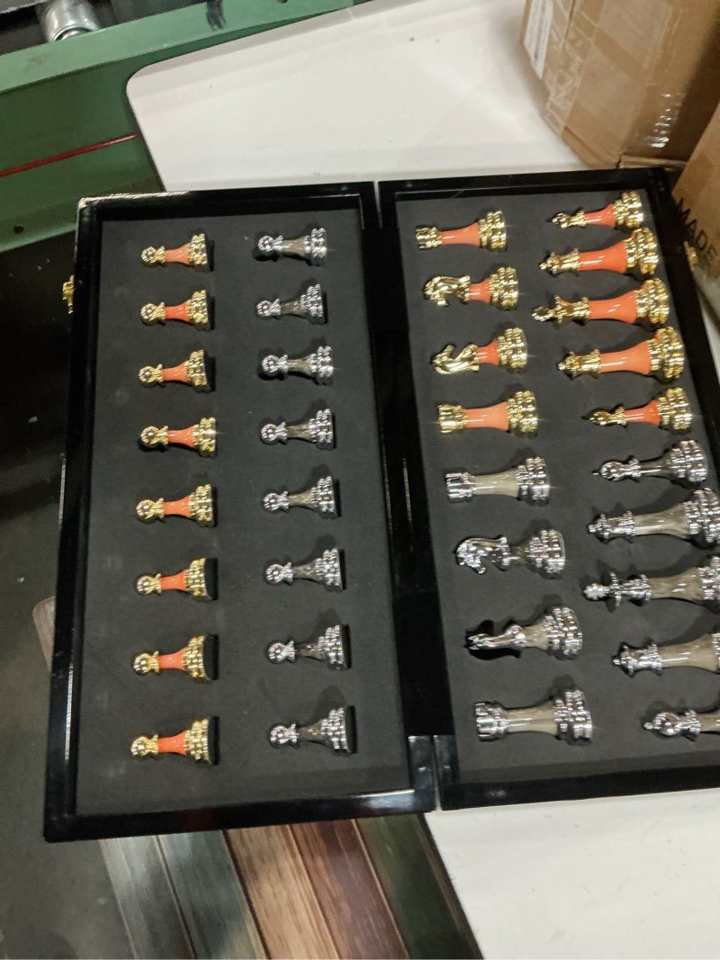 Condition photo showing New/Like New for luxury large metal & acrylic chess set with wooden chess board (17”) – weighted chess pieces with 3.5” king, foldable tournament chess set for adults and kids, professional chess game set
