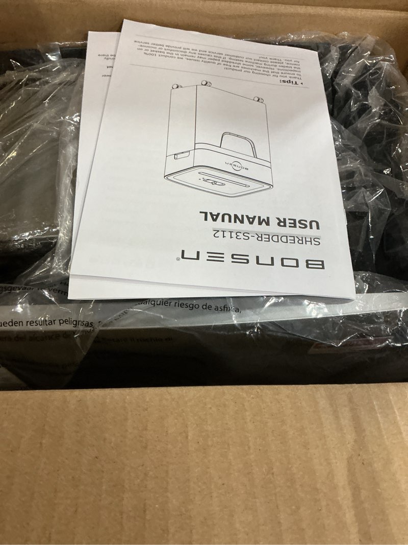 Condition photo showing New/Like New for bonsen 14-sheet paper shredder for home office, heavy duty cross cut shredder with 5.3 gal pullout bin, quiet shredder for cds/credit card/staple, p-4 security, anti-jam system 14-sheet cross cut