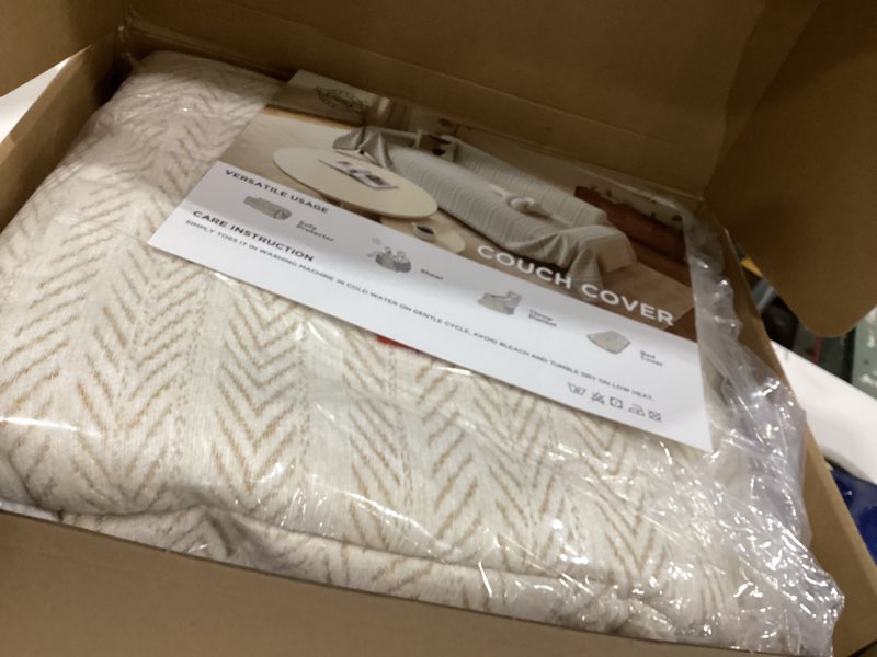 Condition photo showing As Is for sectional couch covers 2 pieces with herringbone pattern, washable l shaped couch cover blanket for sectional sofa, sofa protector slipcovers, x-large: 71"x110"+71"x118", cream khaki cream khaki x-large