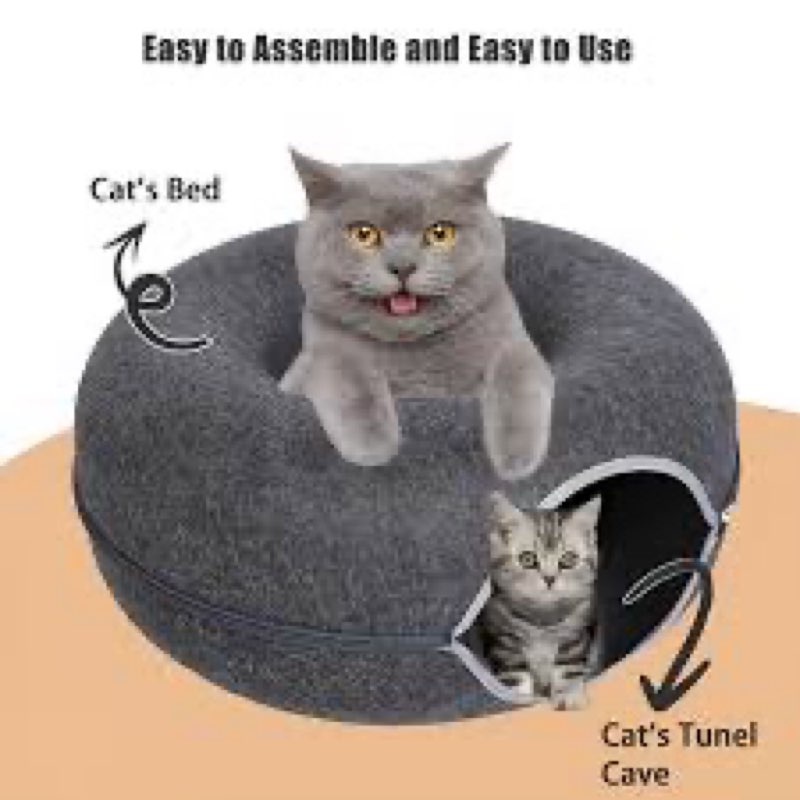 24inch-Tunnel Bed for Indoor,cattasaurus Peekaboo cat cave for Multiple,Detachable Felt Felt Washable Interior for Indoor Cats,Donut Tunnel (Dark Grey)