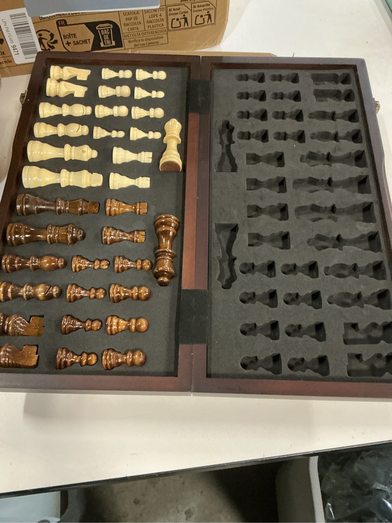 Condition photo showing New/Like New for Magnetic Wooden Chess Set for Adults Kids 15'' Chess Board with Handmade Pieces, Folding Portable Travel Unique Chess Sets Game for Tournament Professional Beginner 15 INCHES