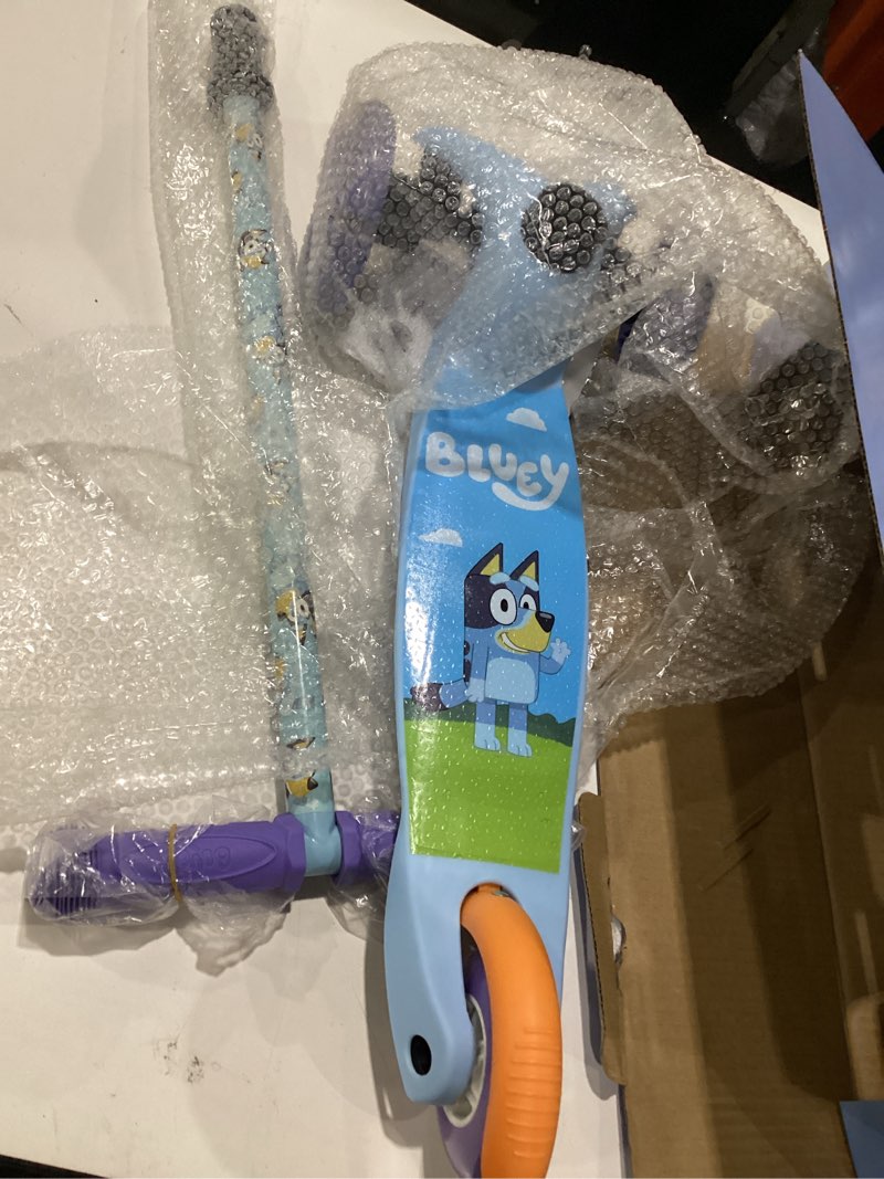Condition photo showing Good Condition for self balancing kick scooter with light up wheels, extra wide deck, 3 wheel platform, foot activated brake, 75 lbs limit, kids & toddlers girls or boys, for ages 3 and up bluey