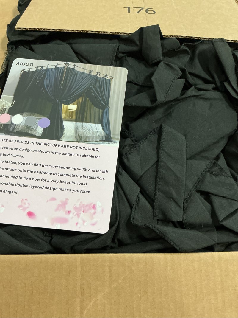 Condition photo showing As Is for 4 Corners Post Princess Curtain Bed Canopy Double Layer Cozy Mosquito Net Mesh and Cloth for Girls Adults Bedroom Decoration (Double-Black/Black, 64" W*82" L*82"*H/(Queen))
