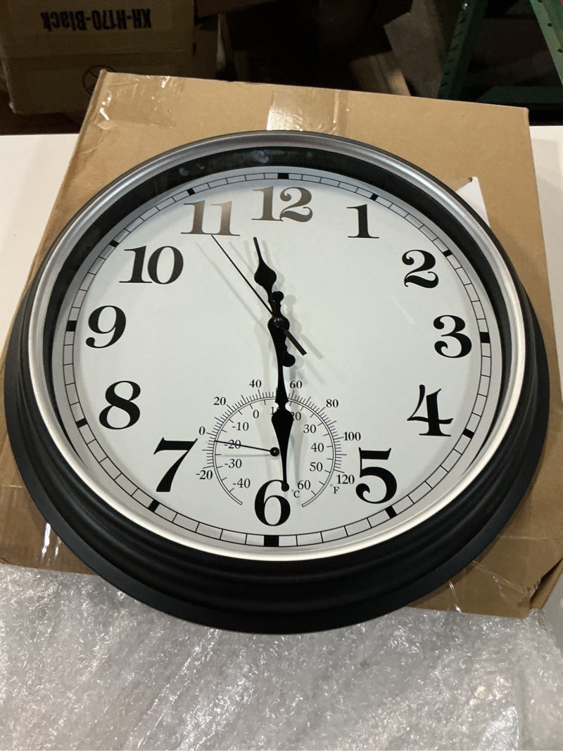 Condition photo showing Good Condition for 16 inch large outdoor clock retro waterproof clock non-ticking indoor/outdoor wall clock with thermometer, battery operated for pool, patio, garden, black