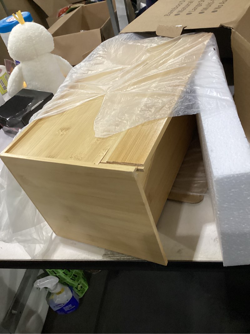 Condition photo showing As Is for 3 Drawers Bamboo Desk Organizer with shelf Makeup Storage Drawer 3 Drawers Tabletop Storage Organization Box Home Office Workspace Bathroom Toiletries Supplies No Assembly Required