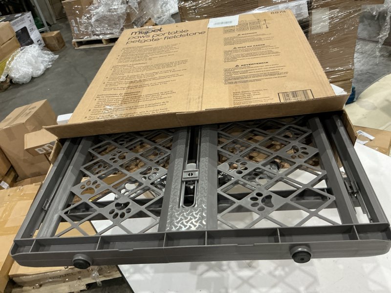 Condition photo showing Good Condition for mypet north states paws portable pet gate: 26-40" wide. pressure mount. no tools needed. made in usa, 23" tall, expandable, durable dog gates for doorways, fieldstone gray