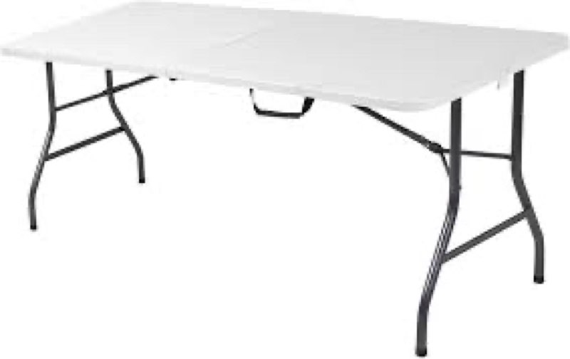 cosco 6ft fold-in-half blow molded folding table, indoor/outdoor, comfort handle, lightweight plastic construction - white